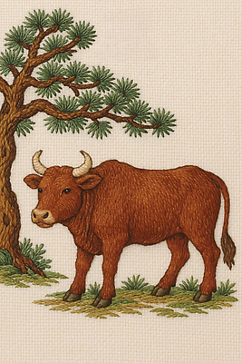 JPG 동물 편집이미지 전통 디자인 예술 컬러 자연 한국 농촌 소나무 소 그림 질감 작품 자수 이미지편집 AI포토 AI콘텐츠 나무 아시아 포유류 미술 시골 생태계 파일형식