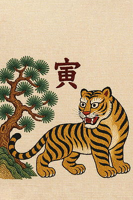 JPG 나무 동물 편집이미지 전통 디자인 문화 자연 소나무 호랑이 숲 동양화 서식 색감 생동감 이미지편집 AI포토 AI콘텐츠 식물 포유류 미술 생태계 파일형식