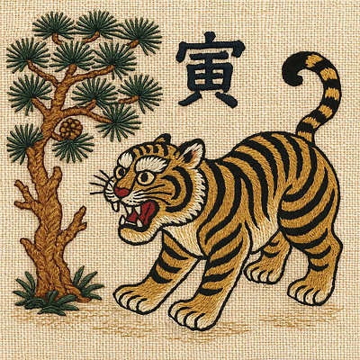 JPG 동물 편집이미지 전통 디자인 옷 문화 예술 자연 표현 소나무 호랑이 자수 대칭 창의성 이미지편집 AI포토 AI콘텐츠 나무 포유류 생태계 파일형식