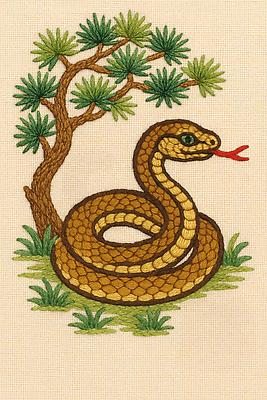 JPG 나무 동물 편집이미지 디자인 예술 패턴 자연 장식 뱀 바느질 공예 그림 자수 수공예 색감 이미지편집 AI포토 AI콘텐츠 식물 무늬 파충류 취미 생태계 파일형식