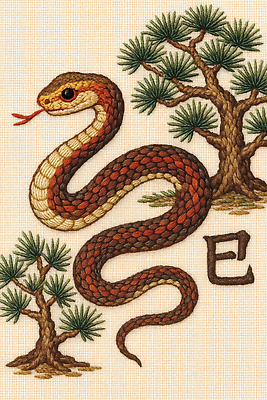 JPG 나무 편집이미지 전통 디자인 예술 패턴 자연 장식 뱀 그림 자수 색감 창작 이미지편집 AI포토 AI콘텐츠 식물 무늬 파충류 생태계 파일형식