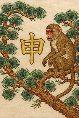 JPG 나무 동물 편집이미지 전통 문화 예술 자연 장식 한자 원숭이 소나무 바느질 자수 수공예 이미지편집 AI포토 AI콘텐츠 식물 문자 포유류 공예 생태계 파일형식