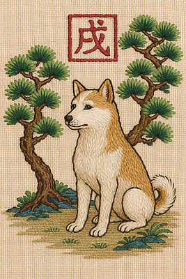 JPG 동물 편집이미지 한국문화 전통 예술 자연 한국 털 앉기 풍경 갈색 흰색 소나무 개 그림 이미지편집 AI포토 AI콘텐츠 나무 동양문화 아시아 컬러 포유류 모션 생태계 파일형식