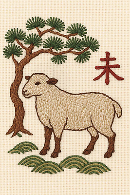 JPG 동물 편집이미지 한국전통 전통 문화 예술 컬러 자연 장식 소나무 양 감성 자수 뷰티풀 수예 이미지편집 AI포토 AI콘텐츠 나무 컨셉 포유류 한국 취미 생태계 파일형식