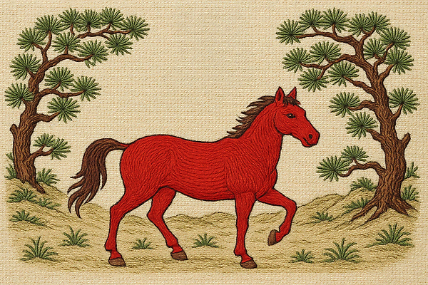 JPG 나무 동물 편집이미지 전통 예술 백그라운드 풍경 초원 장식 빨간색 걷기 소나무 말_동물 뷰티풀 생동감 스타일 이미지편집 AI포토 AI콘텐츠 식물 컬러 포유류 모션 파일형식