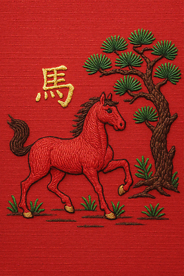 JPG 편집이미지 전통 디자인 문화 예술 자연 한국 장식 빨간색 디지털 활발 표현 소나무 말_동물 그림 자수 이미지편집 AI포토 AI콘텐츠 나무 아시아 컬러 컨셉 포유류 생태계 파일형식