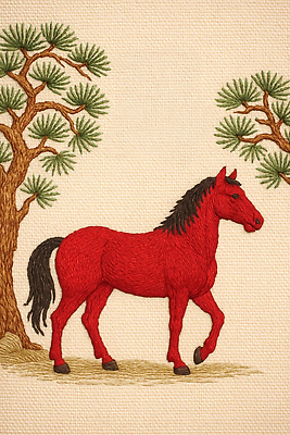 JPG 동물 편집이미지 디자인 예술 하늘색 패턴 자연 걷기 소나무 원예 작품 자수 뷰티풀 디테일 이미지편집 붉은말 AI포토 AI콘텐츠 나무 무늬 모션 미술 취미 파란색 말_동물 생태계 파일형식