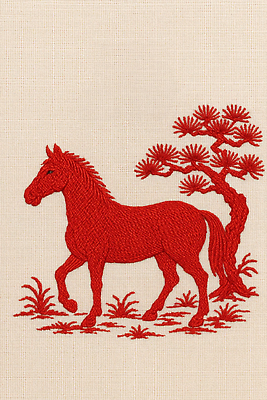 JPG 식물 동물 편집이미지 전통 디자인 예술 패턴 자연 한국 빨간색 걷기 소나무 말_동물 작품 자수 이미지편집 AI포토 AI콘텐츠 나무 아시아 컬러 무늬 포유류 모션 미술 생태계 파일형식