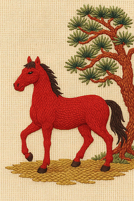 JPG 나무 동물 편집이미지 디자인 예술 컬러 패턴 자연 장식 소나무 말_동물 자수 수공예 이미지편집 붉은말 AI포토 AI콘텐츠 식물 무늬 포유류 공예 생태계 파일형식