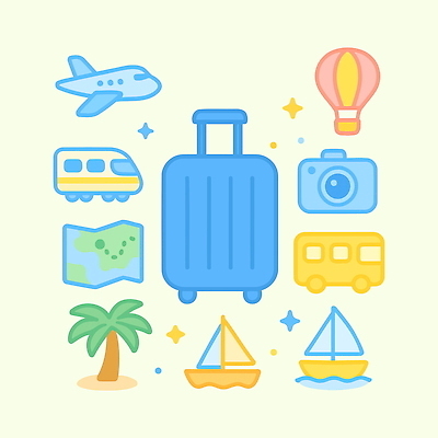 여행 지도 일러스트 비행기 야자수 카메라 여행가방 기차 탐험 도전 열기구 준비 출발 설렘 선박 국내일러스트 AI파일 나무 육상교통 컨셉 수상교통 가방 항공교통 대중교통 전자제품 파일형식 벡터
