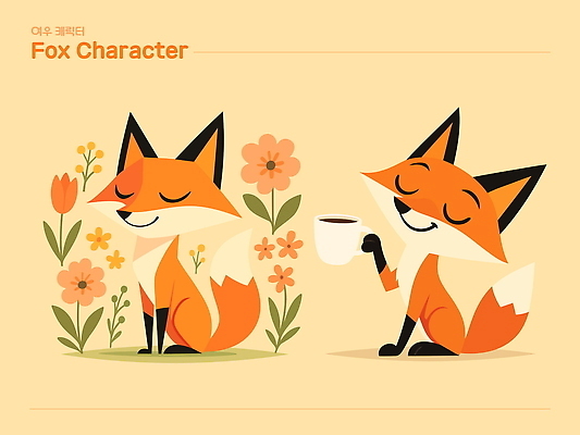 동물 캐릭터 디자인 꽃 행복 컬러 일러스트 자연 털 미소 감상 표현 차 즐거움 그림 여우 조화 일러캐릭터 AI파일 식물 감정 음료 포유류 표정 생태계 파일형식 벡터