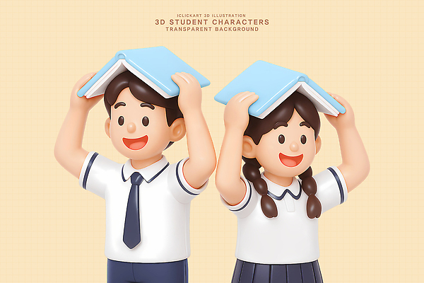 PSD 편집이미지 캐릭터 학생 디자인 여학생 교육 교복 어린이 남학생 웃음 책 파란색 3D 머리위 편집3D 옷 여자 남자 컬러 표정 사람 디지털합성 파일형식