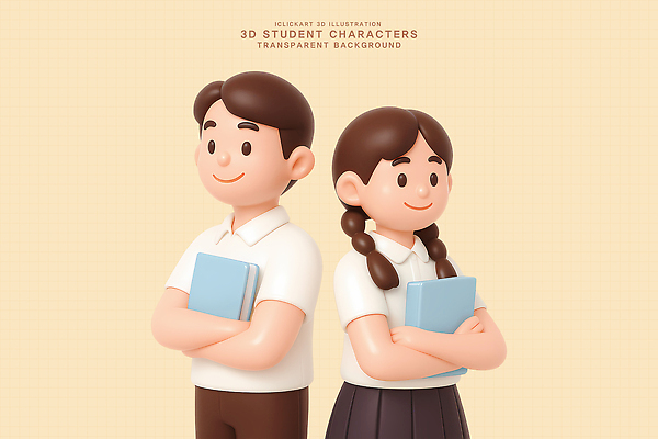 PSD 편집이미지 캐릭터 학생 디자인 교육 행복 아시아 미소 소녀 소년 두명 책 3D 스타일 편집3D 여자 남자 감정 나라 어린이 표정 사람 디지털합성 파일형식