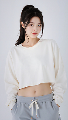 JPG 편집이미지 여자 패션 포즈 백그라운드 바지 표정 미소 여름 깨끗함 촬영 회색 흰색 단순화된 배꼽티 의료성형뷰티 스타일 편집실사 AI포토 AI인물포토 AI콘텐츠 계절 컬러 컨셉 하의 사람 CG 파일형식