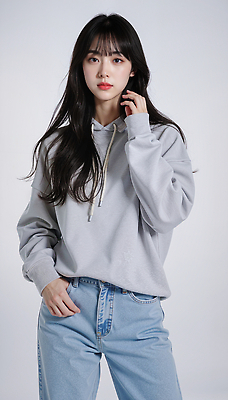 JPG 모델 편집이미지 옷 여자 패션 포즈 백그라운드 미소 캐주얼 유행 청바지 편안함 후드티셔츠 의료성형뷰티 스타일 편집실사 AI포토 AI인물포토 AI콘텐츠 티셔츠 바지 표정 사람 감각 CG 파일형식