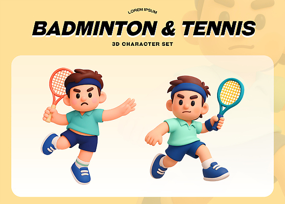 PSD 편집이미지 캐릭터 남자 어린이 스포츠 운동 경쟁 활발 테니스 게임 라켓 배드민턴 생동감 편집3D 스포츠용품 컨셉 놀이 건강 사람 3D 구기 파일형식