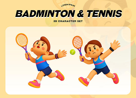 PSD 편집이미지 스포츠 공 모션 놀이 3D캐릭터 운동 테니스 게임 라켓 즐거움 배드민턴 액션 편집3D 캐릭터 감정 스포츠용품 건강 3D 구기 파일형식