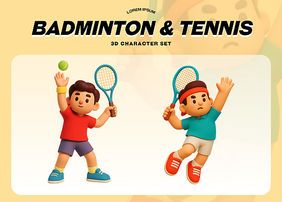 PSD 편집이미지 스포츠 모션 3D캐릭터 경기 소년 취미 운동 경쟁 장비 테니스 묘기 연습 즐거움 배드민턴 편집3D 캐릭터 남자 감정 어린이 컨셉 건강 3D 구기 파일형식