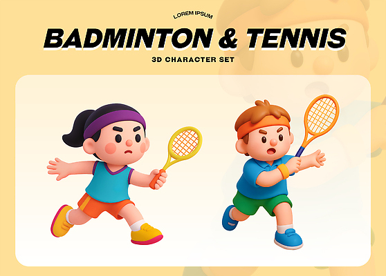 PSD 편집이미지 캐릭터 스포츠 컬러 포즈 모션 경기 소년 친구 운동 3D 테니스 라켓 즐거움 배드민턴 편집3D 남자 감정 어린이 스포츠용품 관계 건강 구기 디지털합성 파일형식