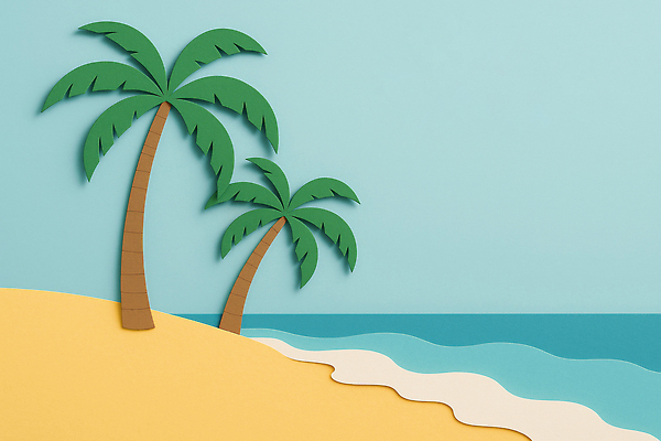 JPG 편집이미지 파도 바다 자연 열대 풍경 해변 여름 모래사장 야자수 일출 종이인형 밝은색 편집실사 AI포토 AI콘텐츠 나무 계절 인형 노을 CG 생태계 파일형식