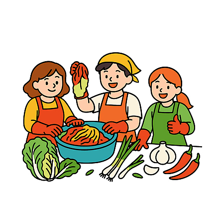 전통 한식 음식 장갑 채소 일러스트 가족 모션 고추 김치 마늘 요리 세명 농작물 양념 즐거움 배추 준비 김장 대파 국내일러스트 AI파일 잡화 감정 농업 관계 사람 파 파일형식 벡터