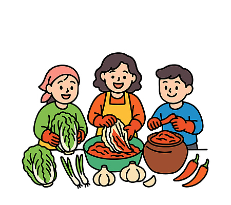 전통 문화 음식 일러스트 재료 가족 고추 양파 김치 한국 마늘 요리 여름 모임 수확 즐거움 배추 준비 김장 국내일러스트 AI파일 계절 감정 아시아 한식 농업 채소 관계 파일형식 벡터