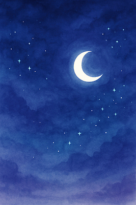 JPG 구름 별 야경 일러스트 자연 밤하늘 하늘 날씨 풍경 파란색 반짝임 우주 고요 달 점 초승달 신비 별빛 뷰티풀 국내일러스트 AI일러스트 AI콘텐츠 자연요소 컬러 컨셉 모션 빛 야간 생태계 파일형식 풍경_경치