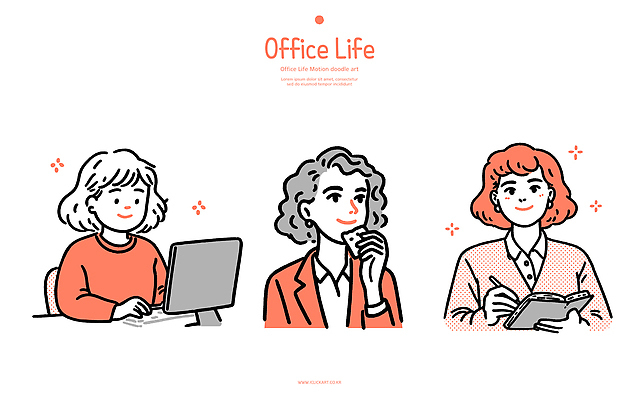 여자 생각 일러스트 모션 커뮤니케이션 협력 직장 표정 일상 컴퓨터 사무실 메모지 업무 작업 집중 문서 브레인스토밍 국내일러스트 AI파일 컨셉 회사 비즈니스 사람 라이프 전자제품 사무용품 파일형식 벡터