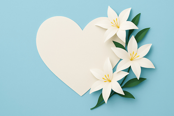 JPG 편집이미지 디자인 꽃 종이 하늘색 사랑 장식 하트 메시지 백합 그림 조화 창의성 편집실사 AI포토 AI콘텐츠 카드프레임 모양 식물 감정 프레임 파란색 CG 파일형식