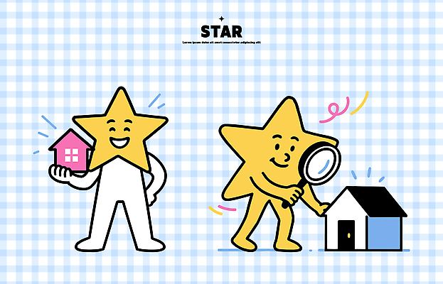 캐릭터 디자인 별 컬러 일러스트 돋보기 열쇠 주택 귀여움 기쁨 흐름 표현 즐거움 검사_조사 단순화된 상상력 창의성 일러캐릭터 AI파일 자연요소 감정 컨셉 건물 파일형식 벡터