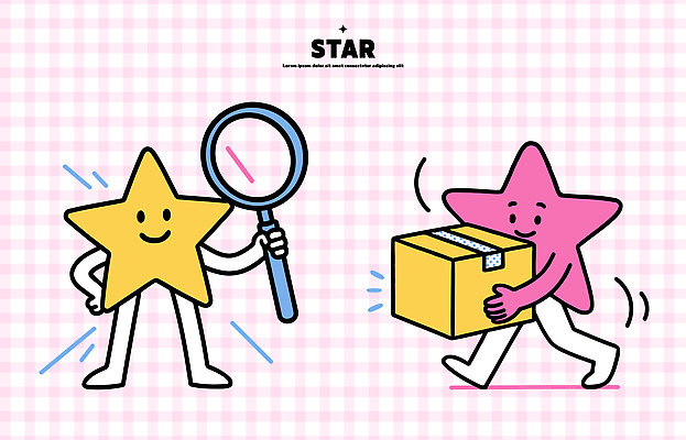 캐릭터 디자인 별 컬러 일러스트 모션 이야기 웃음 상자 장난감 귀여움 표현 운반 배송 즐거움 확대경 상상력 창의성 일러캐릭터 AI파일 자연요소 감정 컨셉 표정 파일형식 벡터