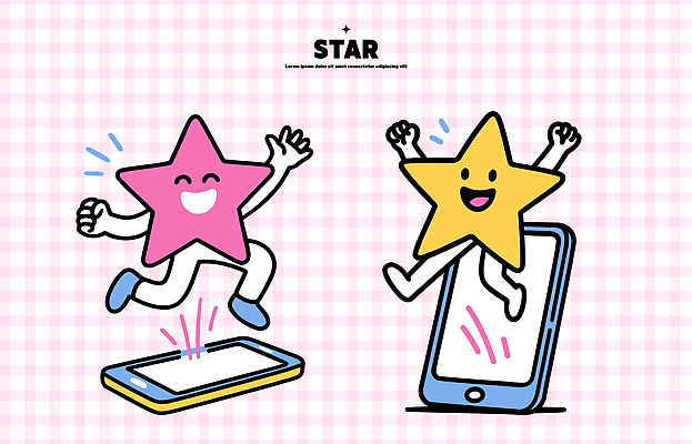 캐릭터 디자인 별 컬러 일러스트 놀이 그래픽 스마트폰 점프 활발 기쁨 표현 즐거움 모던 이미지 디지털아트 일러캐릭터 AI파일 자연요소 감정 컨셉 모션 핸드폰 스마트기기 파일형식 벡터