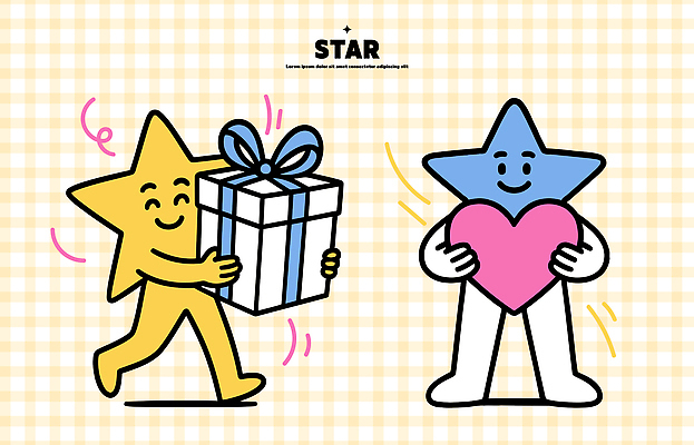 캐릭터 디자인 행복 감정 별 상징 일러스트 선물 사랑 파란색 친구 노란색 귀여움 기쁨 만남 하트 축하 표현 즐거움 일러캐릭터 AI파일 자연요소 모양 컬러 컨셉 관계 파일형식 벡터