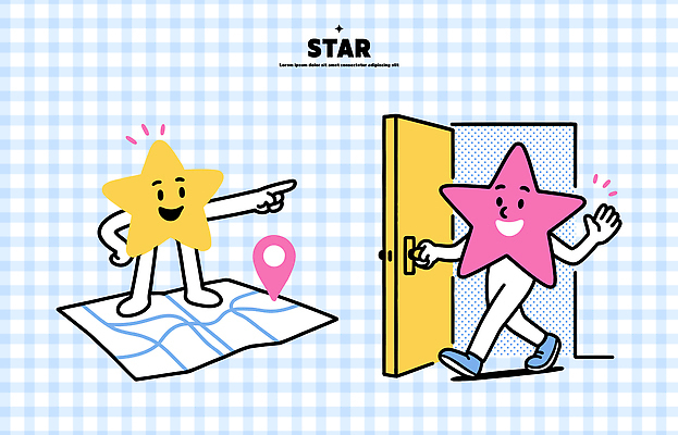 모양 캐릭터 행복 별 컬러 지도 일러스트 상상 미소 귀여움 방향 즐거움 위치 방문 등장 일러캐릭터 AI파일 자연요소 감정 컨셉 표정 파일형식 벡터