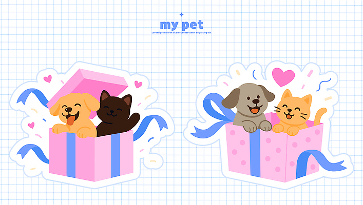 캐릭터 디자인 행복 일러스트 가족 선물 사랑 이벤트 친구 반려동물 상자 파티 귀여움 고양이 표현 강아지 즐거움 그림 국내일러스트 AI파일 동물 감정 컨셉 포유류 관계 개 파일형식 벡터