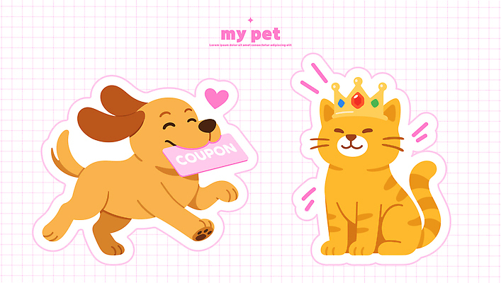 행복 컬러 일러스트 왕관 반려동물 귀여움 고양이 강아지 쿠폰 개캐릭터 고양이캐릭터 국내일러스트 AI파일 동물 감정 동물캐릭터 컨셉 포유류 개 파일형식 벡터