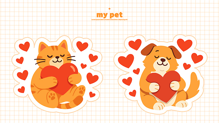 동물 캐릭터 디자인 행복 감정 상징 스티커 일러스트 사랑 반려동물 귀여움 고양이 하트 표현 강아지 이미지 밝은색 국내일러스트 AI파일 모양 컨셉 포유류 개 파일형식 벡터