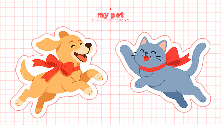 동물 행복 리본 백그라운드 일러스트 놀이 표정 사랑 반려동물 귀여움 고양이 강아지 즐거움 그림 동반자 밝은색 국내일러스트 AI파일 감정 컨셉 포유류 개 파일형식 벡터