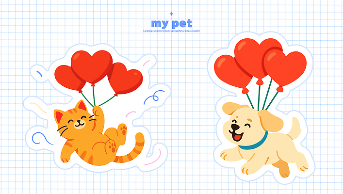 동물 캐릭터 행복 컬러 일러스트 놀이 사랑 빨간색 친구 반려동물 노란색 귀여움 주황색 고양이 활발 강아지 즐거움 풍선 국내일러스트 AI파일 감정 컨셉 포유류 관계 개 파일형식 벡터