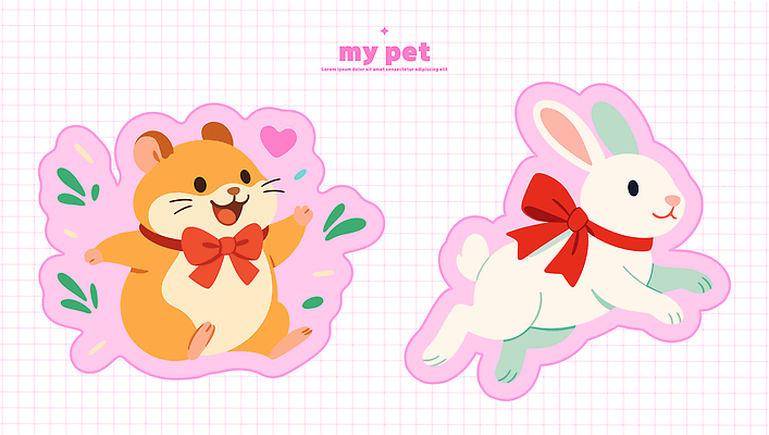 동물 캐릭터 행복 리본 컬러 나비 백그라운드 일러스트 자연 놀이 사랑 미소 귀여움 토끼 즐거움 햄스터 아기자기 국내일러스트 AI파일 감정 곤충 컨셉 포유류 표정 반려동물 설치류 생태계 파일형식 벡터