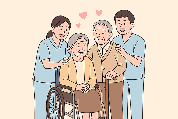 노년 행복 감정 일러스트 의학 가족 친절 건강 사랑 간호사 서비스 휠체어 요양 소통 돌봄 의사소통 지원 인간관계 존경 돌봄서비스 국내일러스트 AI파일 컨셉 관계 모션 성인 의료진 간호 파일형식 벡터
