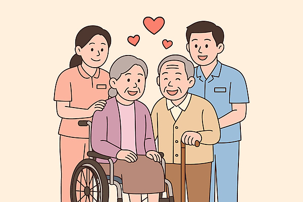 노년 행복 일러스트 가족 친절 따뜻함 사랑 웃음 생활 노부부 간호사 시간 동료 직원 휠체어 그림 요양원 소통 지원 국내일러스트 AI파일 부부 감정 컨셉 관계 표정 성인 의료진 파일형식 벡터