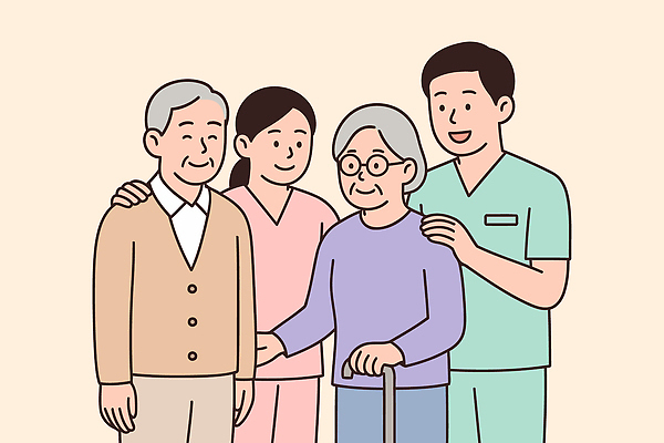 노년 행복 일러스트 의학 가족 친절 따뜻함 건강 사랑 웃음 일상 공간 간호사 서비스 노인복지 방문 소통 돌봄 보살핌 상호작용 국내일러스트 AI파일 감정 컨셉 관계 모션 표정 성인 라이프 의료진 복지 파일형식 벡터