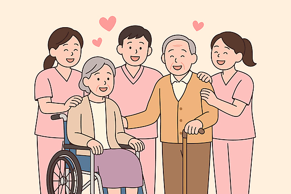 노년 행복 감정 일러스트 가족 친절 사랑 미소 웃음 건강관리 간호사 사회복지 휠체어 노인복지 소통 공동체 돌봄 지원 국내일러스트 AI파일 컨셉 관계 모션 표정 건강 관리 성인 의료진 복지 파일형식 벡터