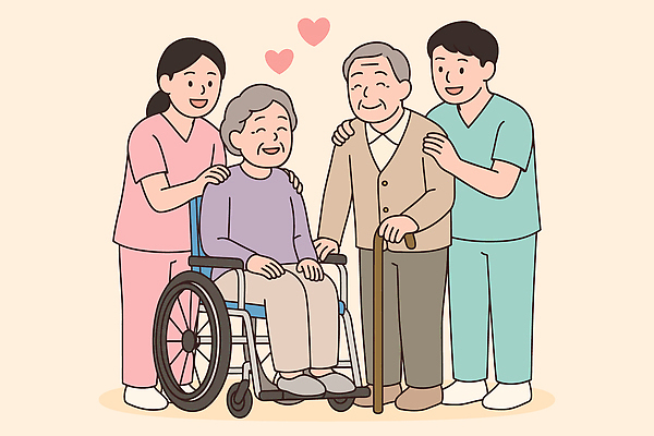 노년 행복 일러스트 의학 가족 관계 친절 건강 사랑 웃음 치료 간호사 봉사 휠체어 세대 소통 돌봄 지원 국내일러스트 AI파일 감정 컨셉 모션 표정 성인 의료진 도움 파일형식 벡터