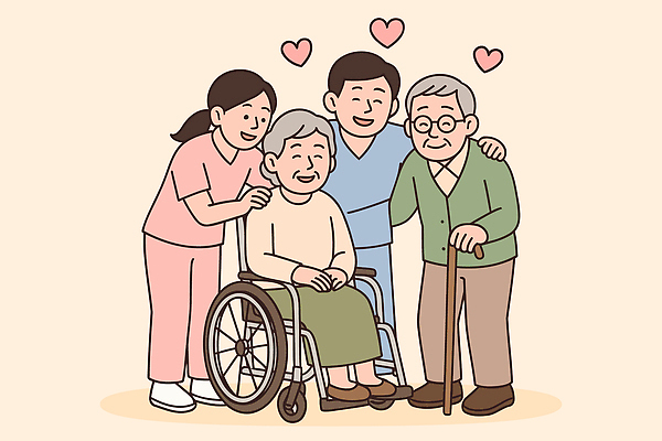 노년 행복 일러스트 가족 관계 친절 따뜻함 건강 사랑 미소 웃음 여러명 고독 휠체어 소통 돌봄 순간 지원 존경 국내일러스트 AI파일 감정 다수 컨셉 모션 표정 사람 성인 파일형식 벡터