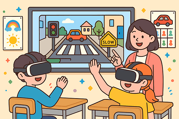 학생 교육 도로 어린이 일러스트 교실 자동차 기술 안전 학습 스크린 교사 신호등 집중 프레젠테이션 학습도구 소통 이해 가상현실 상호작용 국내일러스트 AI파일 직업 길 육상교통 컨셉 학교 교통시설 사람 교육용품 파일형식 벡터