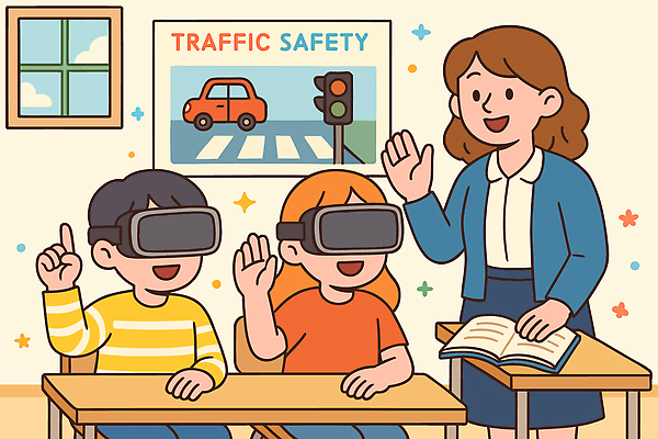 교육 행복 어린이 일러스트 교실 모션 기술 경고 학습 컴퓨터 손들기 교사 체험 신호등 토론 질문 교통안전 참여 가상현실 VR기기 국내일러스트 AI파일 직업 감정 컨셉 학교 안전 사람 전자제품 기계 파일형식 벡터