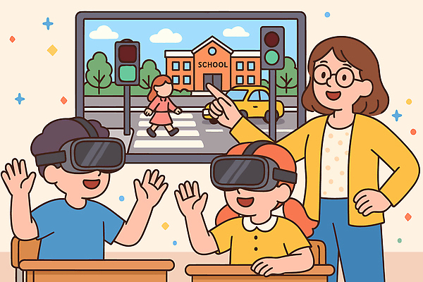 학생 여학생 교육 도로 남학생 교통 일러스트 교실 학교 기술 안전 학습 걷기 교사 체험 신호등 즐거움 참여 가상현실 국내일러스트 AI파일 직업 여자 남자 감정 길 컨셉 교통시설 모션 파일형식 벡터