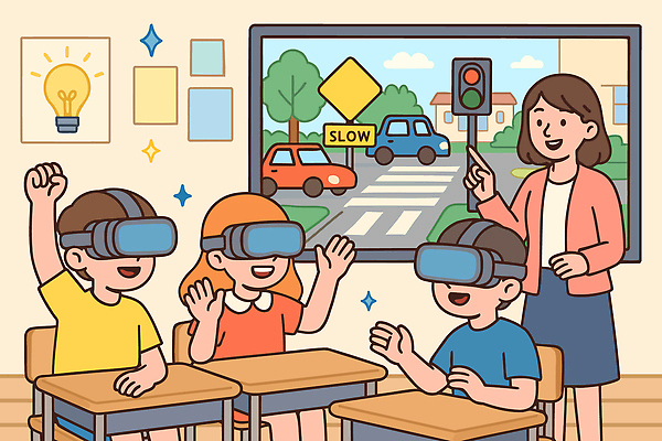학생 교육 도로 어린이 교통 생각 일러스트 교실 수업 안전 학습 환경 교사 헤드셋 교양 집중 반 교통신호 참여 가상현실 국내일러스트 AI파일 직업 길 음향기기 컨셉 학교 교통시설 사람 헤드폰 파일형식 벡터